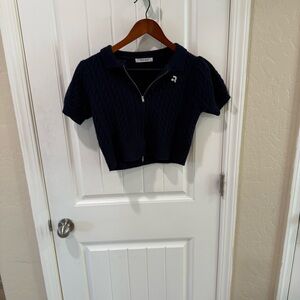 Chip Clip Navy Cable Knit Cropped Zip Sweater Top Women’s Small